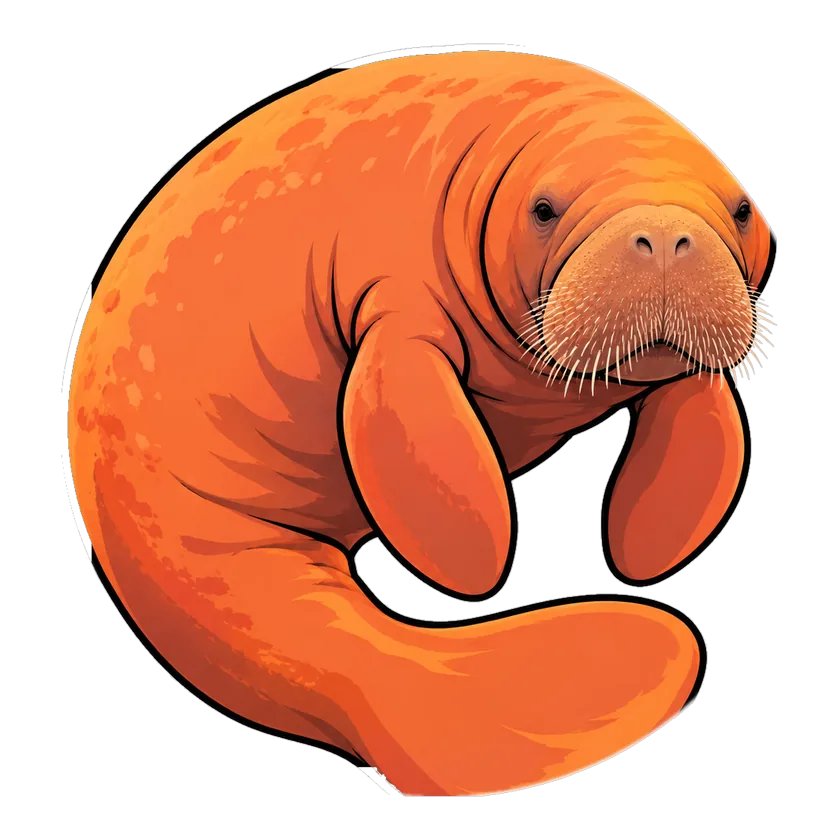 Marketing Manatee brand manatee, a curled orange manatee with whiskers